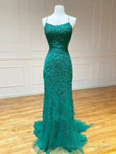 Backless Green Mermaid Lace Prom Dresses, Open Back Green Lace Mermaid Formal Evening Dresses